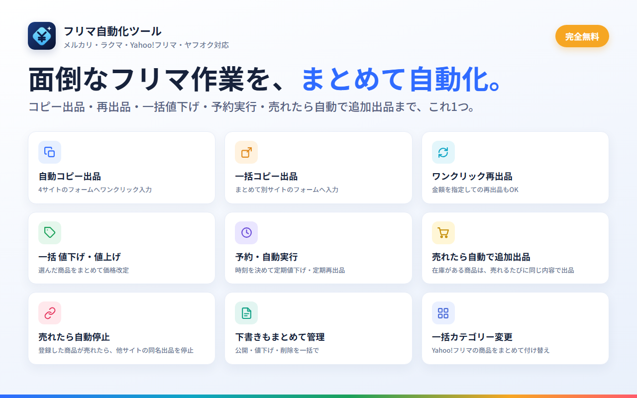 フリマ自動化の機能一覧